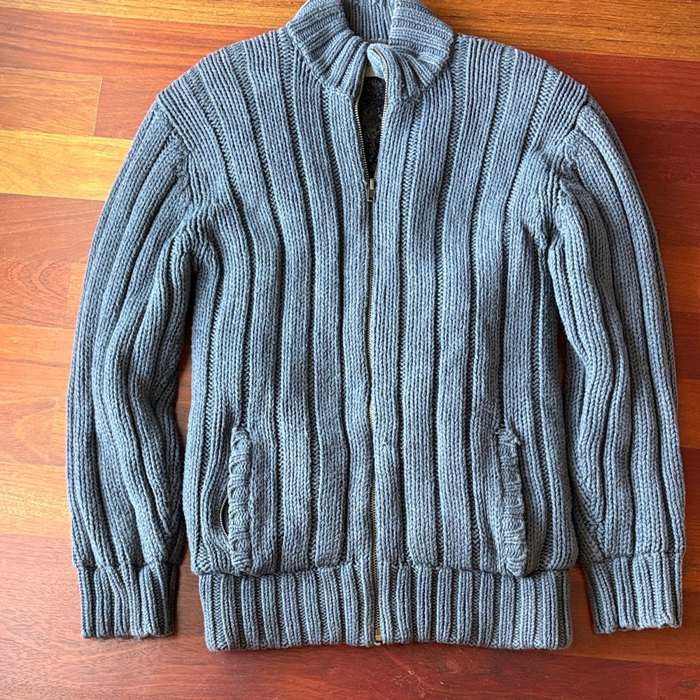 Ruff Hewn Ribbed Cable Knit Full Zip Sherpa Syle Lining Collared Sweater/Jacket